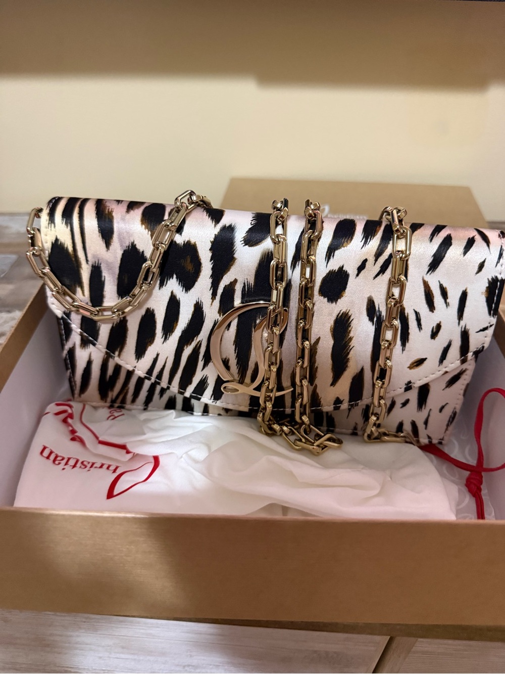 Christian Louboutin Leopard Print Satin Clutch in Pink and Black with Gold Chain